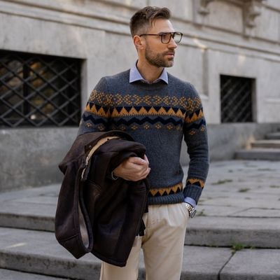 Maglia uomo girocollo misto lana con greca jacquard